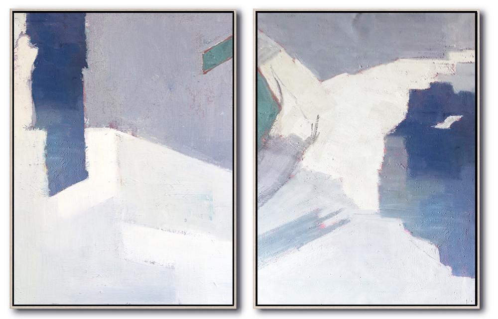 Original Abstract Painting Extra Large Canvas Art,Set Of 2 Contemporary Art On Canvas,Art Work,Blue,White,Gray.etc